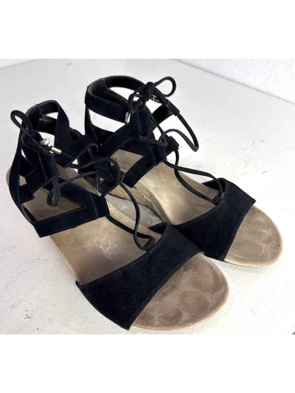 Vionic Noble Tansy Black Suede Lace up Strappy Espadrille Wedge Sandals Size 10